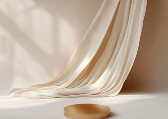 Aufkleber - Luxury beige display podium with flying cloth in motion for beauty and cosmetic product presentation with elegant minimal design
