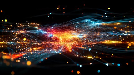 Poster - Colorful Abstract Digital Artwork Showcasing Vibrant Light Trails and Glowing Particles in a Dark Background