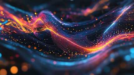 Poster - Colorful Abstract Waves of Light Flow Dynamically in a Dark Space Creating a Mesmerizing Digital Display