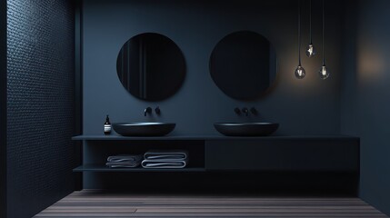 Poster - Sleek modern bathroom featuring dark walls, round mirrors, and cylindrical sinks.