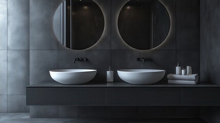 Poster - Sleek modern bathroom featuring dark walls, round mirrors, and cylindrical sinks.