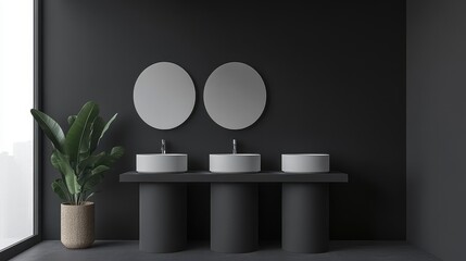 Poster - Sleek modern bathroom featuring dark walls, round mirrors, and cylindrical sinks.