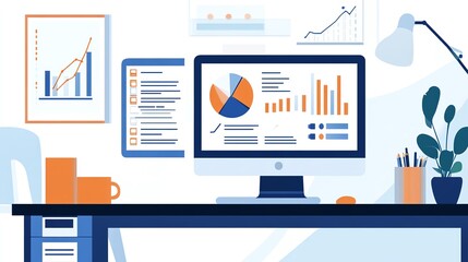 Poster - Workspace Featuring Computer With Business Analytics, Graphs, and Plants in a Modern Office Setting