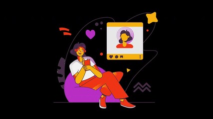 Poster - A young European person enjoying social media on a phone while sitting comfortably in a vibrant, animated background.
