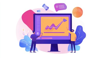 Poster - Individuals Analyzing Data Trends on a Computer Screen With Colorful Visual Elements in a Creative Workspace