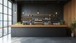 © Kreation - Stylish cafeteria interior featuring a sleek bar counter and organized shelf, complemented by a panoramic window that enhances the space with natural light and views.
