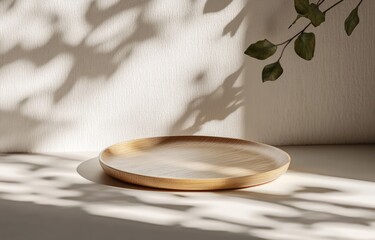 Aufkleber - Minimalistic Wooden Plate Still Life Composition Softly Illuminated Natural Texture Scandinavian Design Style