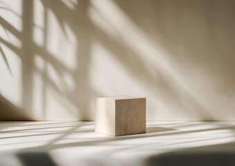 Aufkleber - Minimalist Wooden Cube on Smooth Surface with Soft Natural Light and Shadows in Scandinavian Design Style