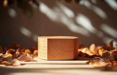 Aufkleber - Minimalist 3D Display Podium with Wooden Block and Autumn Leaves for Beauty Product Promotion