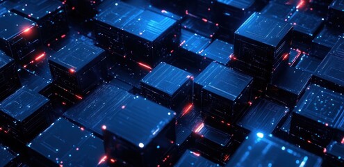 Aufkleber - Futuristic Cityscape with Neon Geometric Cubes and Soft Ambient Lighting