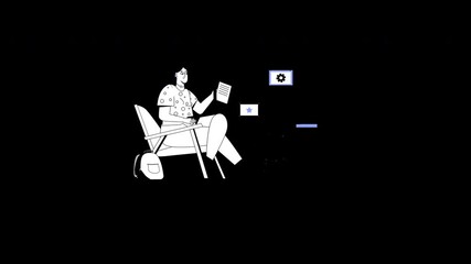 Poster - A person sitting on a chair, engaged in reading with illustrations around, in a modern flat design style.