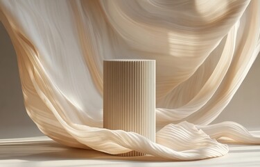 Poster - Minimalist Still Life Display with Ribbed Cylindrical Object and Flowing Silk Fabric in Soft Natural Light