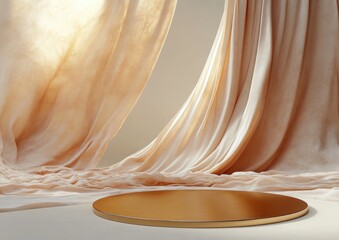 Aufkleber - 3D Podium Display with Luxury Satin Fabric Motion and Elegant Minimal Gold Pedestal for Beauty Product Presentation