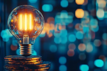 A closeup of a bright light bulb on a stack of gold coins, its glowing filament representing the sharp rise in energy costs, with a modern, sleek, AIgenerated style