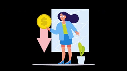 Poster - A woman in a blue suit holding a dollar sign with a downward arrow behind her, representing financial challenges.