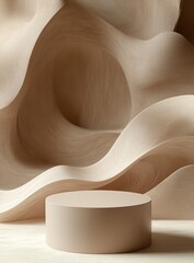 Poster - Minimalist 3D Display Pedestal with Soft Neutral Toned Cloth Wind Flowing in Scandinavian Style