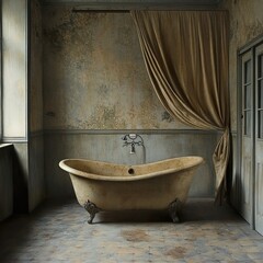 Canvas Print - Vintage Bathroom Interior Design: An Antique Bathtub in a Rustic Setting