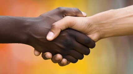 African American and caucasian hand shaking for friendship or greeting in diversity concept. Friendly atmosphere for relationship. Meeting celebration to become good friend or member of group. AIG53.