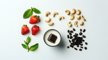 Canvas Print - Overhead shot of fresh strawberries, cashews, dried cranberries, mint leaves, and a bowl of milk with a piece of dark chocolate.  Perfect for healthy snack or breakfast concepts.