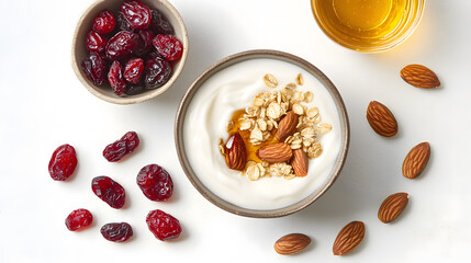 Canvas Print - A bowl of creamy yogurt topped with granola, almonds, cranberries, and a drizzle of honey.  Healthy breakfast or snack concept. Delicious and nutritious.