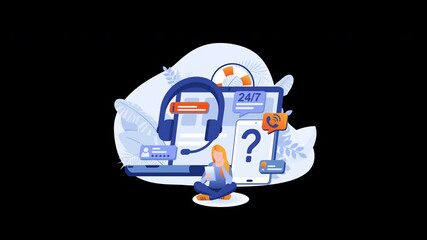 Poster - a woman with light skin sitting on the floor using a laptop, surrounded by tech support symbols and 