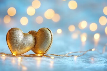 Sticker - Two golden hearts with luminous garland on light blue background. Selective focus. Valentines day card. Closeup. Valentine's day concept. Banner. Copy space.