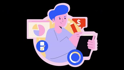 Poster - A young European male engages in digital work with a tablet, incorporating business elements like charts and dollar signs.