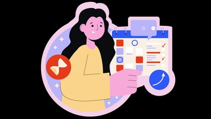 Poster - A woman engaging with a calendar in a colorful, animated style, highlighting tasks and organization.