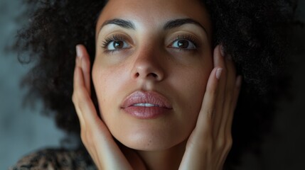 Wall Mural - close up portrait of a woman touching her face