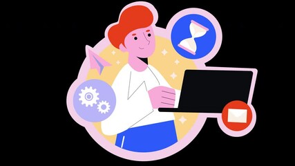 Poster - a young european woman working on a laptop, surrounded by icons representing tasks and productivity.