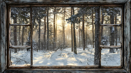Wall Mural - Winter view through rustic window frame of a snowy forest landscape with sunlit trees and soft white snow covering the ground in a peaceful scenery. Windcrest. Illustration