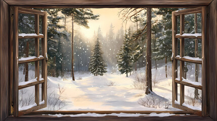 Wall Mural - Winter view through rustic window frame of a snowy forest landscape with sunlit trees and soft white snow covering the ground in a peaceful scenery. Windcrest. Illustration