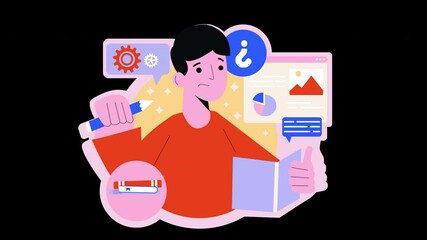 Poster - A young person with dark hair looks concerned while holding a pencil and an open book amid various icons representing information and data.