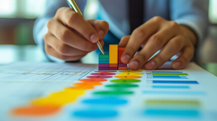 Poster - Strategic Planning: A close-up shot of hands meticulously arranging colorful blocks on a chart, symbolizing strategic planning and business growth.Generative ai illustration.