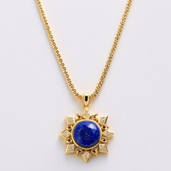 A gold necklace with a round lapis lazuli gemstone and diamond accents.