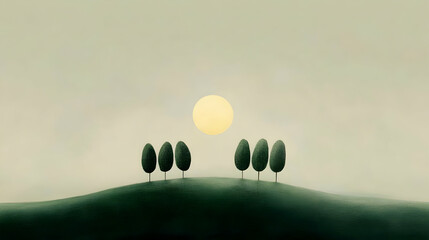 Wall Mural - Serene Hilltop Illustration: Sunlit Trees