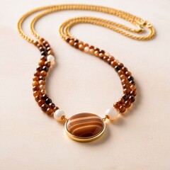 A gold necklace with a round pendant featuring a striped pattern rests on a beige surface, accompanied by a gold chain.