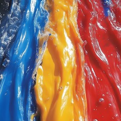 Abstract blue, yellow, red liquid swirls.