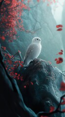 Wall Mural - White Bird on a Rock in a Red Forest