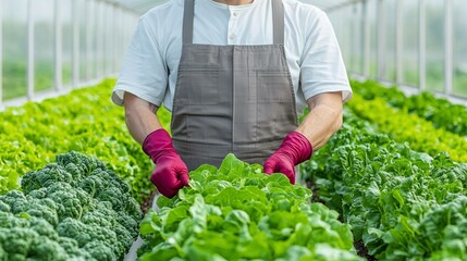 Harvesting fresh greens farm greenhouse agricultural work lush environment close-up view sustainable practices