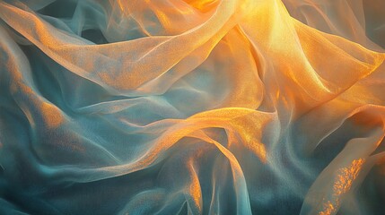 Poster - Delicate Fabric Flowing in Soft Hues of Blue and Orange During Sunset Lighting Creating a Serene Atmosphere