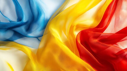 Poster - Colorful Flowing Fabrics Creating a Vibrant Display of Blue, Yellow, and Red Hues in Artistic Composition
