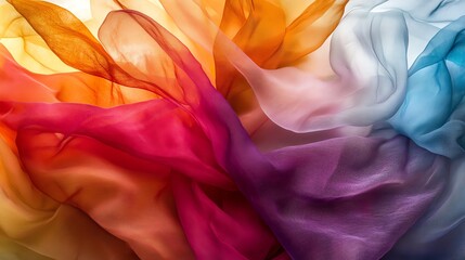 Poster - Colorful Silk Fabrics Swirling in Gentle Motion Showcasing Vibrant Hues of Orange, Red, Purple, and Blue