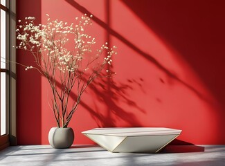 Poster - 3D rendering of a red background wall with a geometric shape podium display for product presentation, a minimal mockup design template