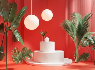Poster - 3D rendering of a red background with a geometric shape podium scene for product display presentation. Minimal mockup design studio showcase and advertising banner concept. 