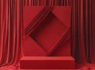 Poster - 3D rendering of a red background with a geometric shape podium scene for product display presentation. Minimal mockup design studio showcase and advertising banner concept. 