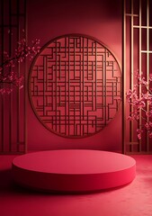 Poster - A red circular podium on the ground, with a Chinese New Year-inspired background featuring window cutouts and a Chinese-style pattern decoration in dark pink and light crimson colors