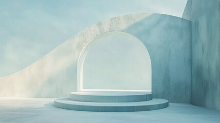 Sticker - 45.A surreal winter composition featuring a geometrically precise arch with a minimalist podium at its base. Soft natural light casts faint shadows, creating a serene, otherworldly effect in the