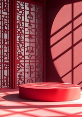 Poster - A red circular podium on the ground, with a Chinese New Year-inspired background featuring window cutouts and a Chinese-style pattern decoration in dark pink and light crimson colors