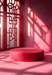 Poster - A red circular podium on the ground, with a Chinese New Year-inspired background featuring window cutouts and a Chinese-style pattern decoration in dark pink and light crimson colors